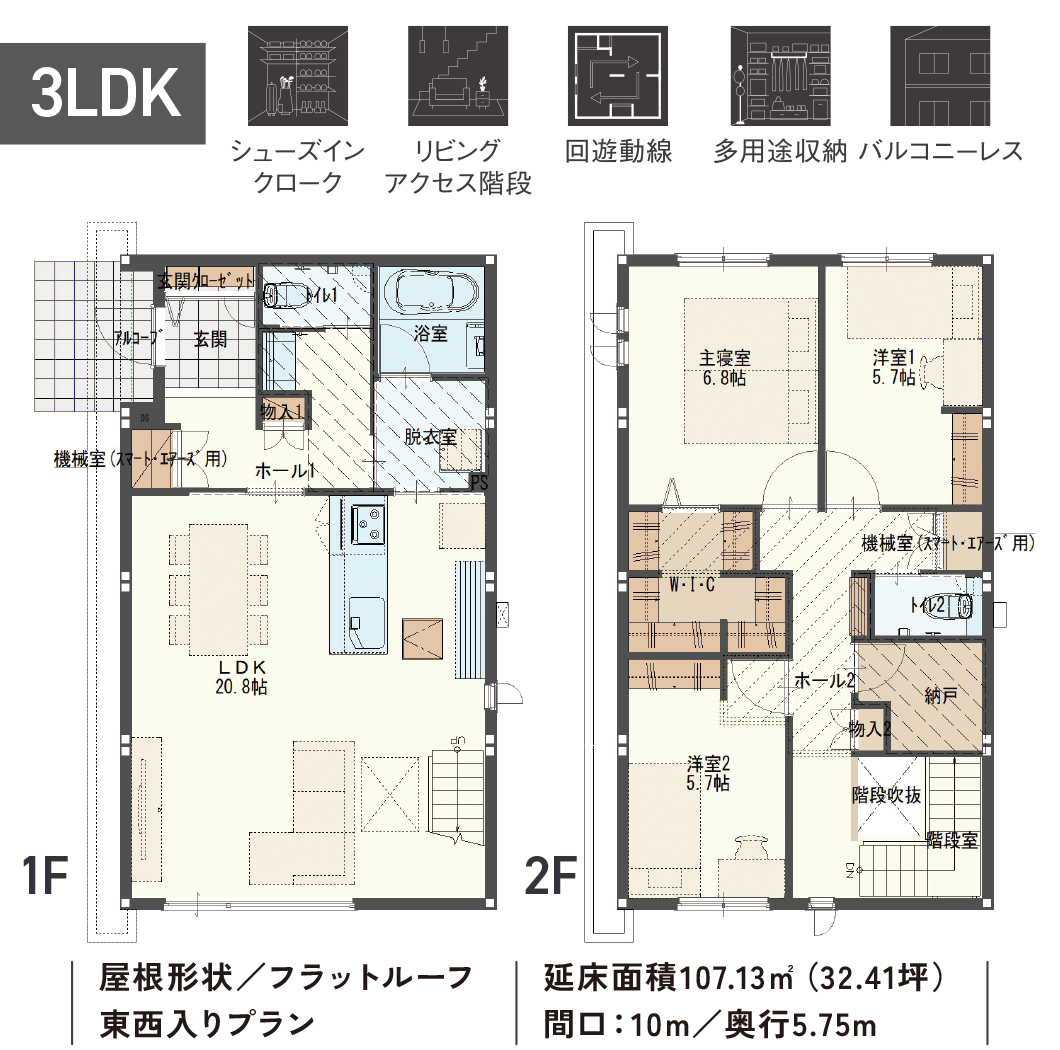 3LDK 屋根形状／フラットルーフ、東西入りプラン、延床面積107.13㎡（32.41坪）間口：10m／奥行5.75m